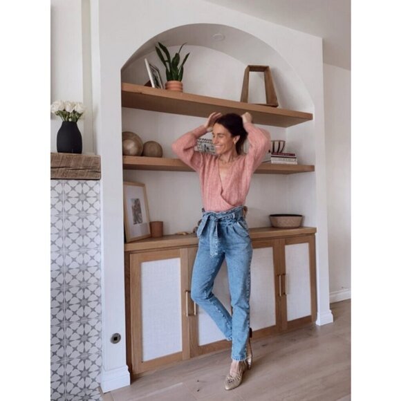 💕SEZANE💕 Austin Belted Paperbag Denim Trousers ~ Bleached Blue FR 36 NWOT - Picture 7 of 16